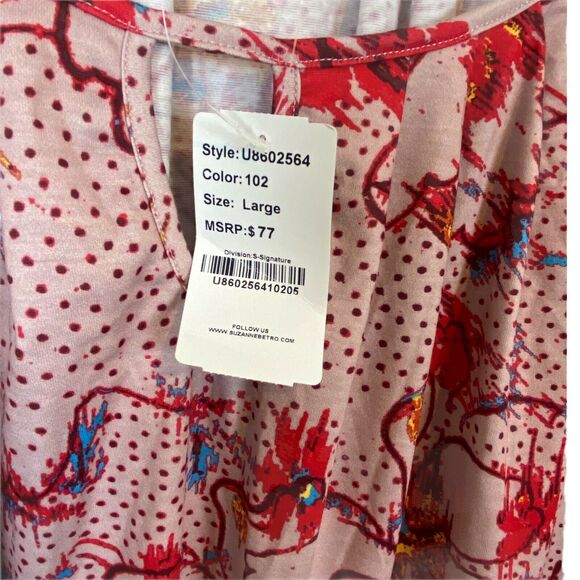 Suzanne Betro Top Women's Tan Pink Floral Bell Sleeve Keyhole Neck Funky SZ L - Picture 6 of 13